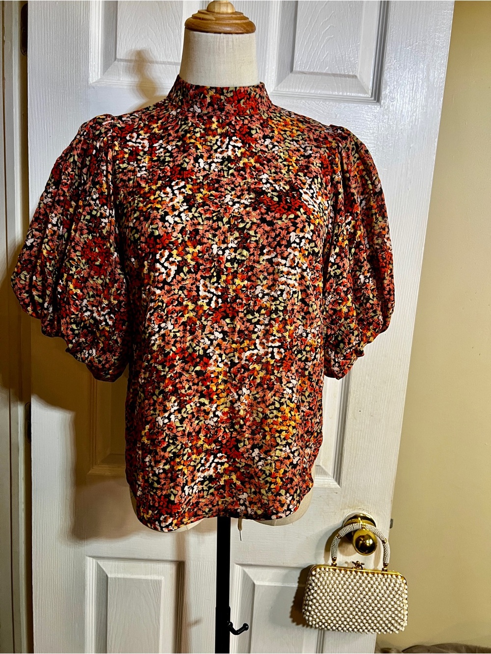 MinkPink Wms Ditsy Floral Multi Color Mock Neck Lantern Sleeve Boho Top XS